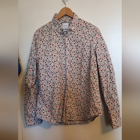 Cactus Men's Floral Button Down Shirt - Red, Blue, Black on White - Picture 1 of 5